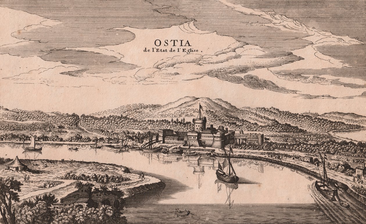 Ostia şehri ve limanının perspektif görünümü, Lazio, İtalya, bakır oyma, yaklaşık 278x173 cm by Joan Blaeu