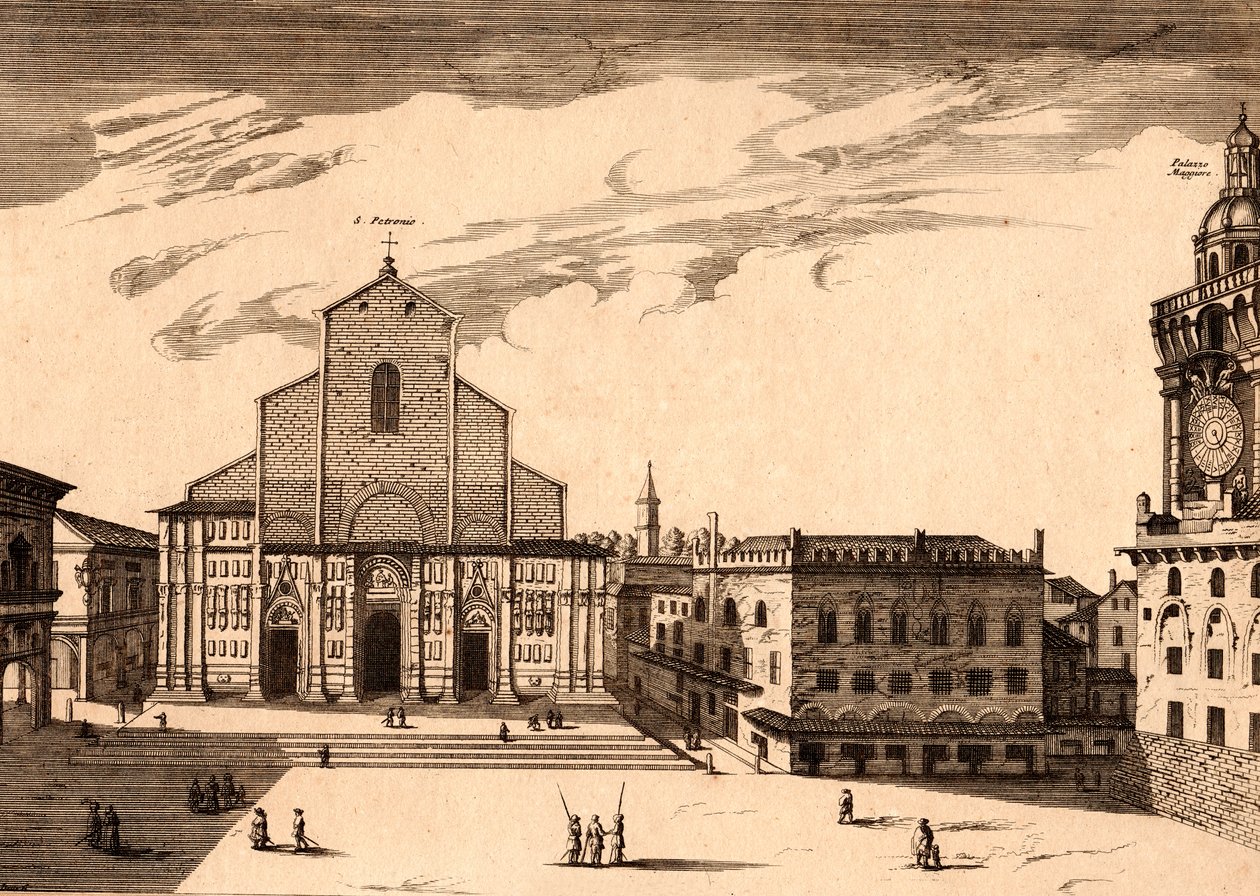 San Petronio Bazilikası Piazza Maggiore, Bologna, Emilia-Romagna, İtalya, bakır gravür, yaklaşık 21x29 cm by Joan Blaeu