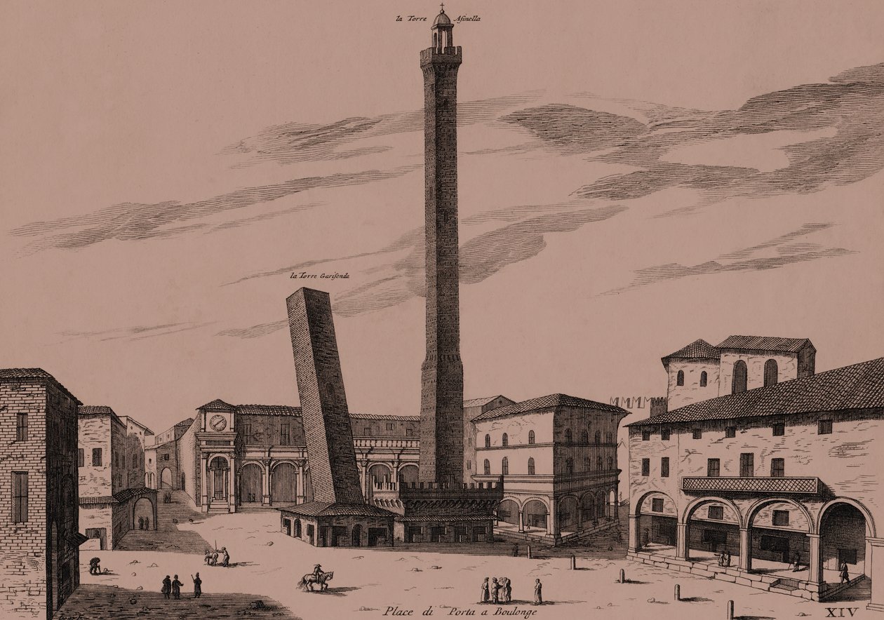İki kule (Asinelli ve Garisenda), Bologna, Bologna, Emilia-Romagna, İtalya, bakır gravür, yaklaşık 21x29 cm by Joan Blaeu