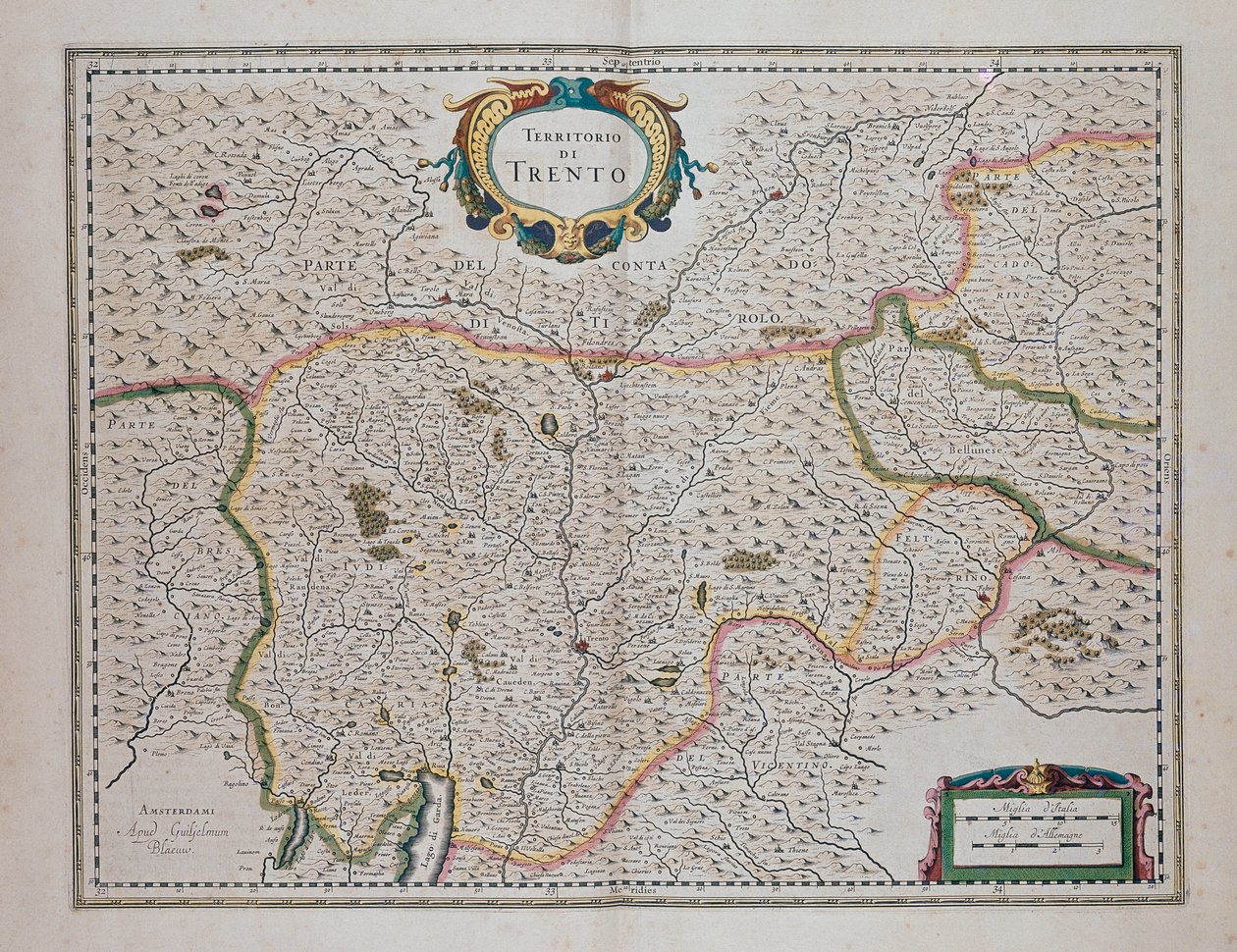Trento alanı, Dünya Tiyatrosu veya Yeni Haritalar ve Tüm Bölgelerin Temsilleri Atlası (Theatrum orbis terrarum, sive, Atlas novus), Joan Blaeu (1596-1673), İtalya by Joan Blaeu