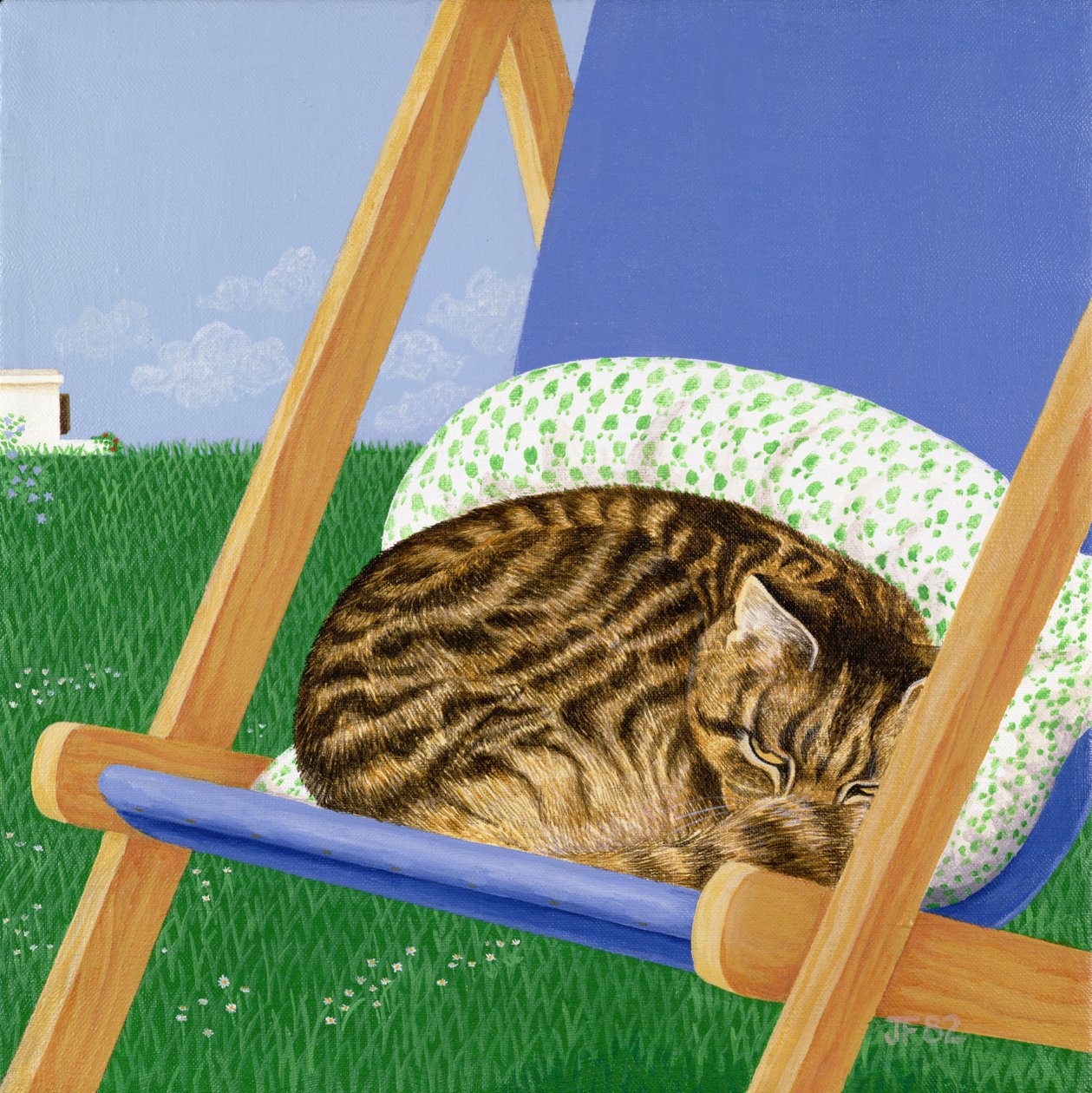 Tekir kedi şezlongda uyuyor by Joan Freestone