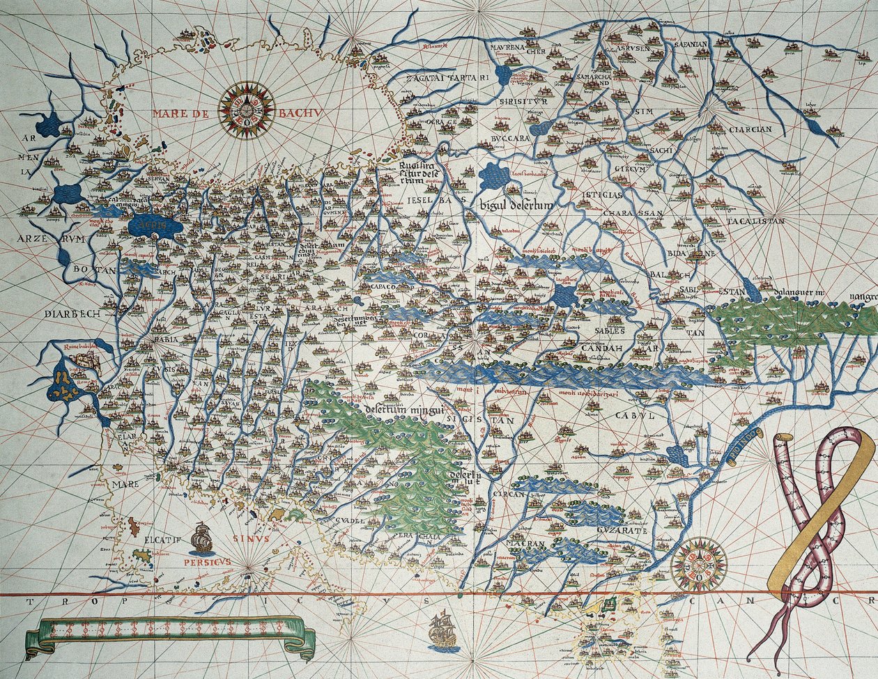 Atlas de Joan Martines'te rüzgar gülü ile Ermenistan, İran, Afganistan dahil olmak üzere Asya Haritası, limanların, kıyıların ve deniz yollarının ayrıntıları by Joan Martines