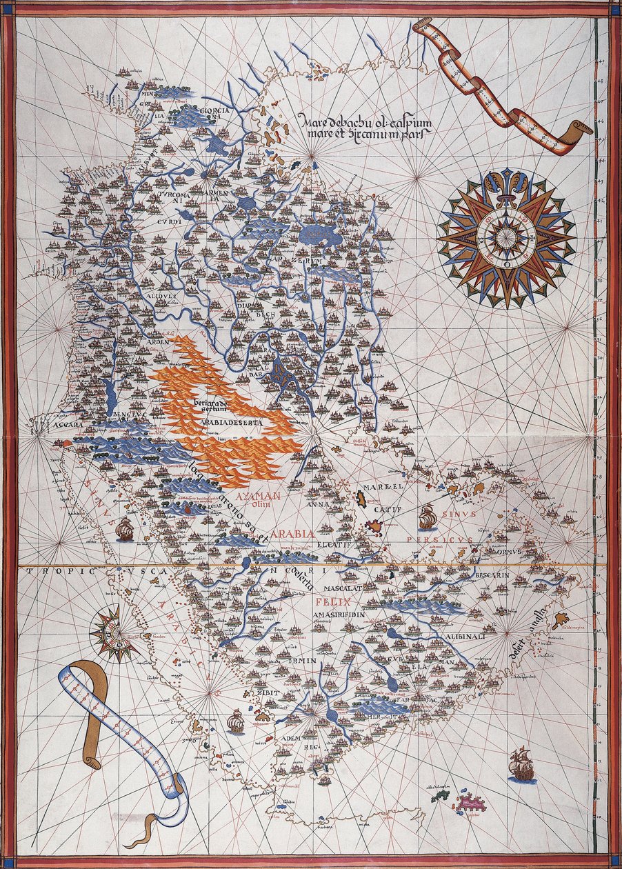 Arap Yarımadası Haritası, rüzgar gülü ve Atlas de Joan Martines'te liman ve deniz kıyılarının ayrıntıları by Joan Martines