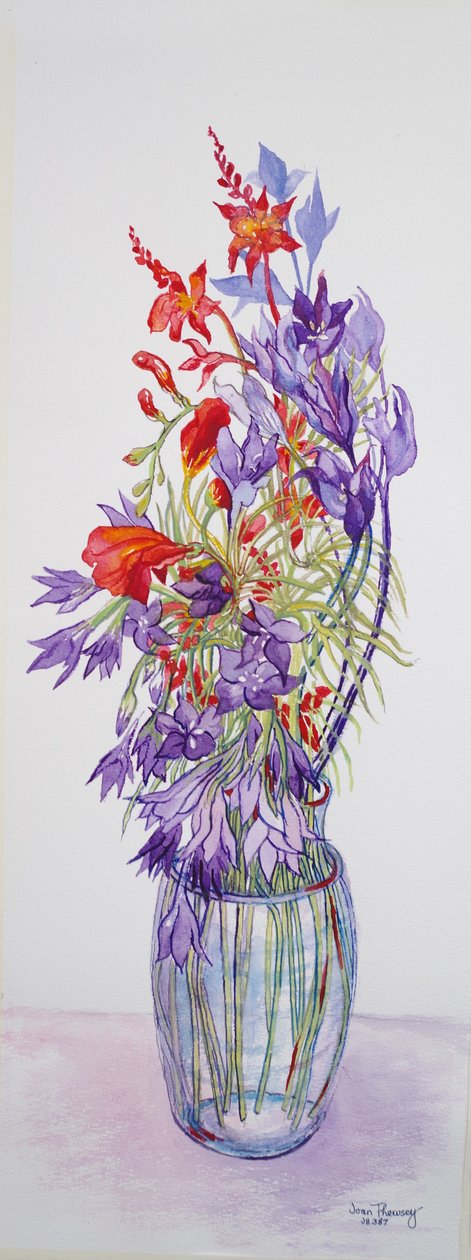 Agapanthus campanulatus ve Crocosmia,2015, el yapımı kağıt üzerine suluboya by Joan Thewsey