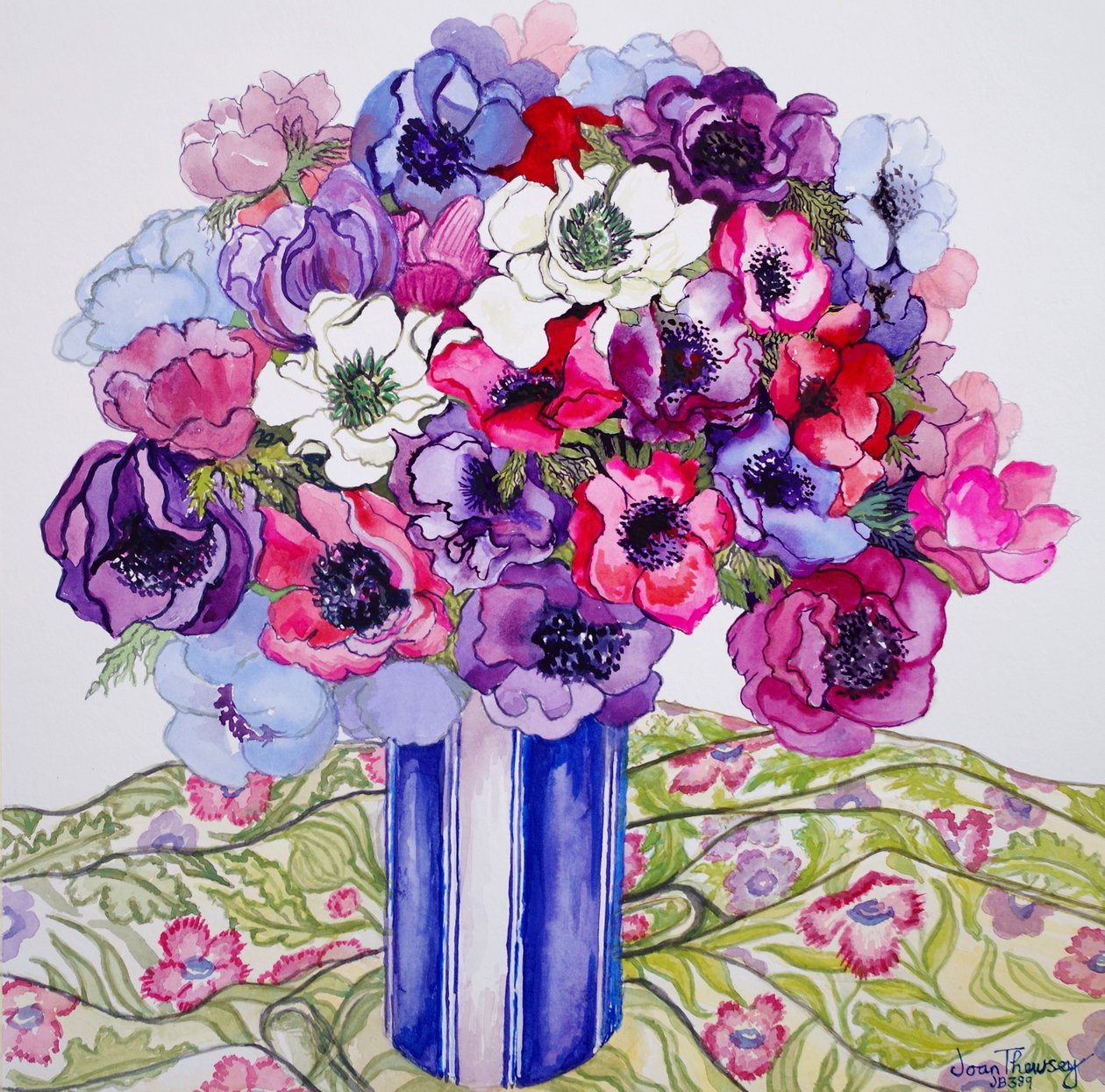 Çizgili Tencerede Anemonlar, 2015, el yapımı kağıt üzerine suluboya by Joan Thewsey