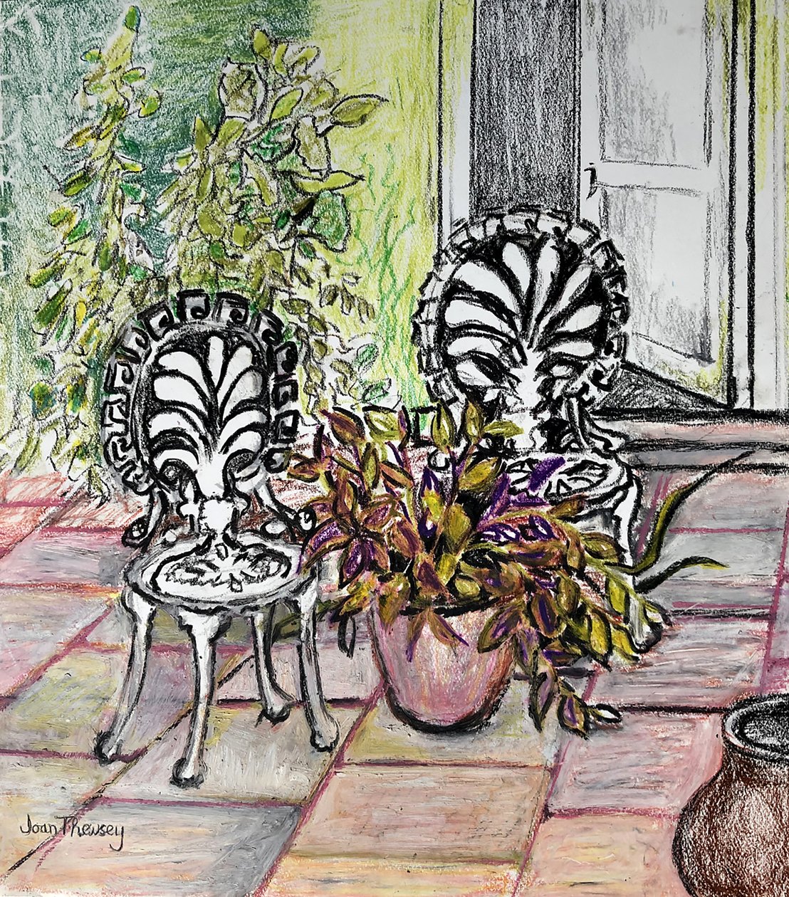 Terastaki Sandalyeler, tencereli (balmumu pastel) by Joan Thewsey