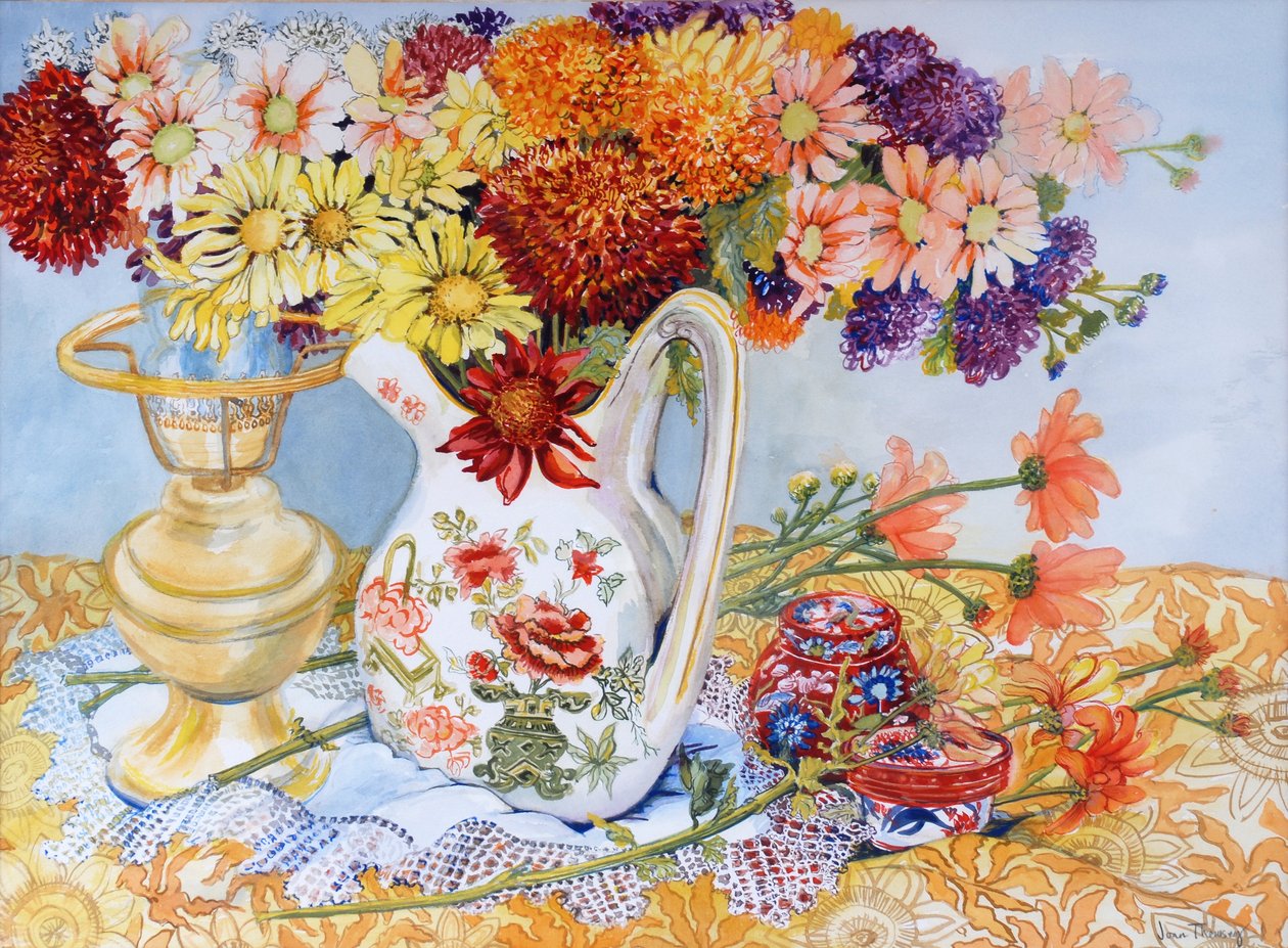 Çin Sürahisinde Krizantemler, 2012,kağıt üzerinde wc by Joan Thewsey