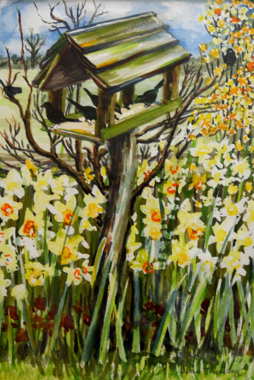 Nergis ve Kuş Evindeki Kuşlar, 2000,(guaj) by Joan Thewsey
