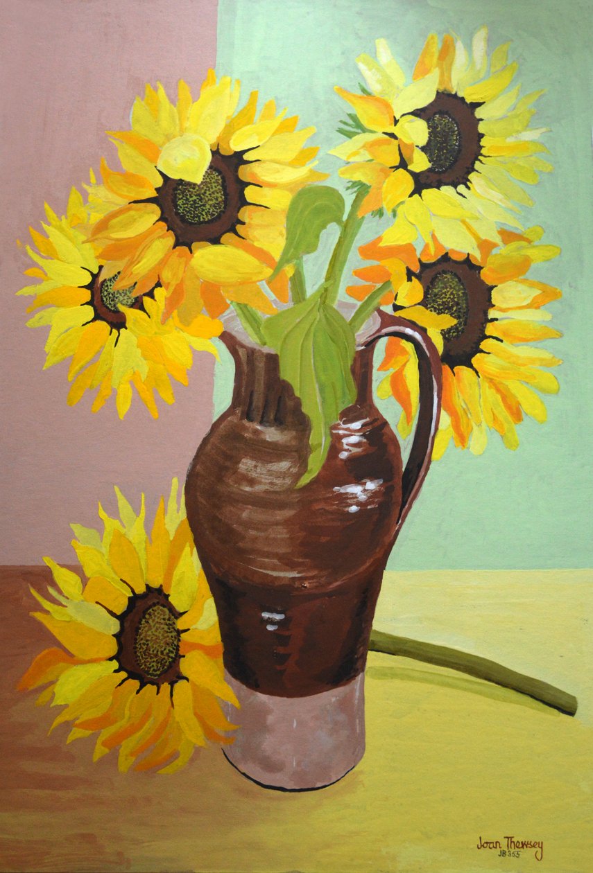 Uzun Kahverengi Bir Sürahide Beş Ayçiçeği,2007 (guaj) by Joan Thewsey