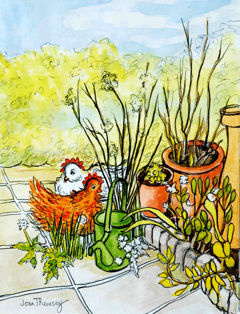 Tavuklar ve Saksılar, Lucy Redman Açık Bahçe, 2000, (sulu boya ile boyanmış kurşun kalem) by Joan Thewsey