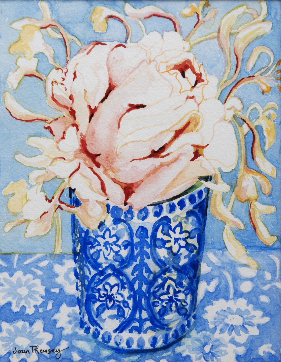 Pembe Gül ve Hanımeli, 2000, (el yapımı kağıt üzerine wc) by Joan Thewsey