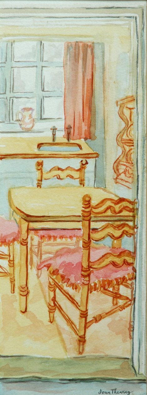 Red Cottage Kitchen, Suffolk, 2000, el yapımı kağıt üzerine sulu boya by Joan Thewsey
