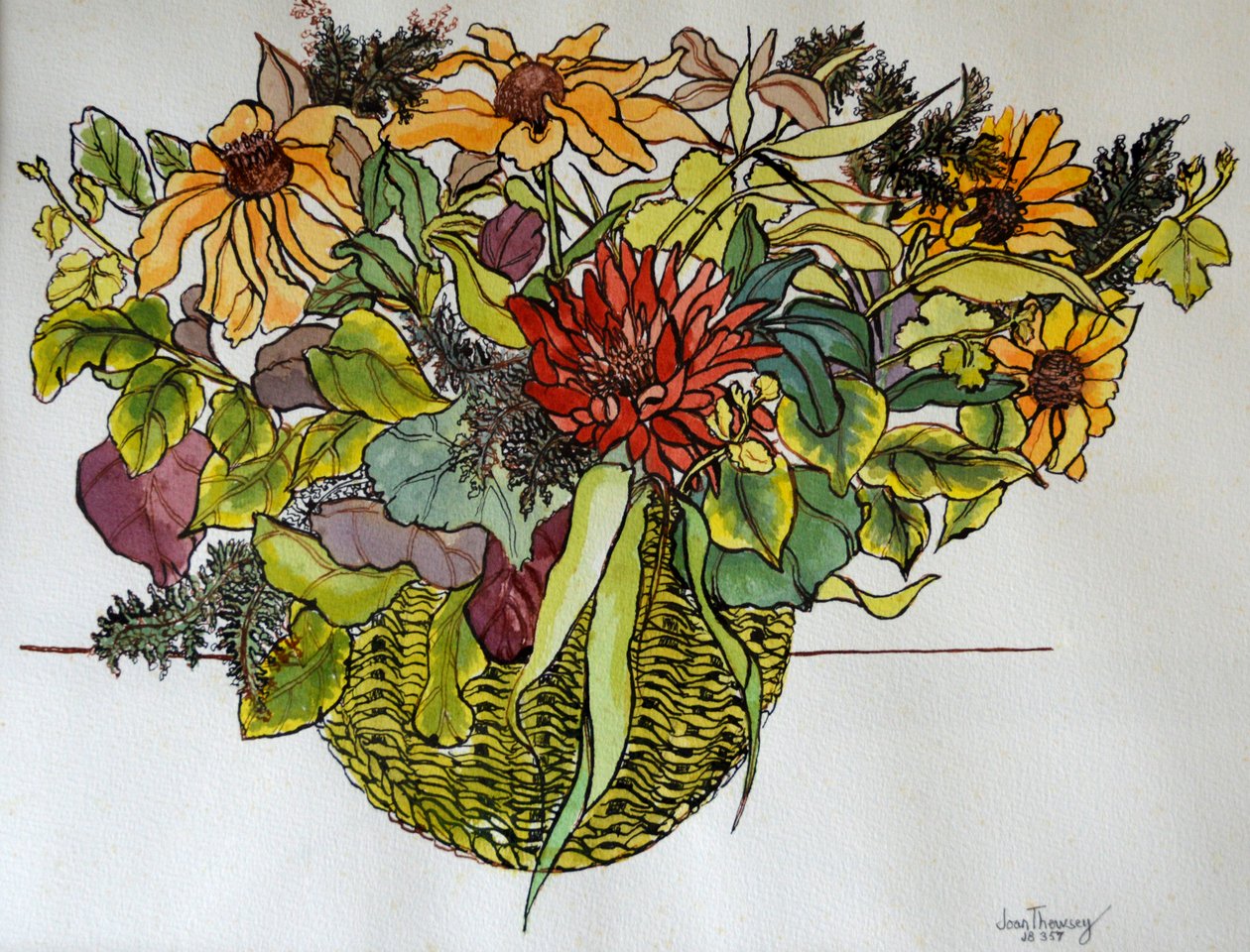 Sepet içinde yapraklarla Rudbeckia, 2011,(kalem, mürekkep ve sulu boya) by Joan Thewsey