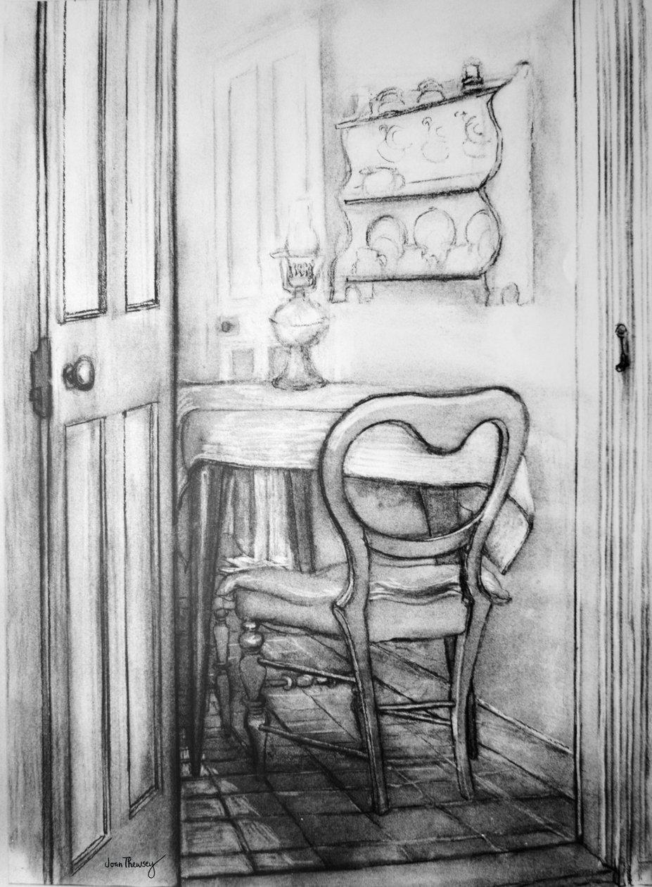 The Cottage Kitchen, 1975 (kömür) by Joan Thewsey