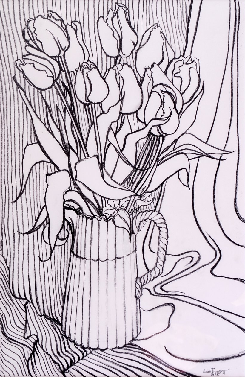Çizgili Kumaşa Karşı Laleler,2000,grafit by Joan Thewsey