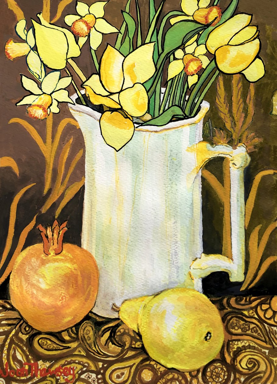Beyaz bir sürahi içinde laleler ve nergisler, tekstil, nar ve armut (sulu boya) by Joan Thewsey