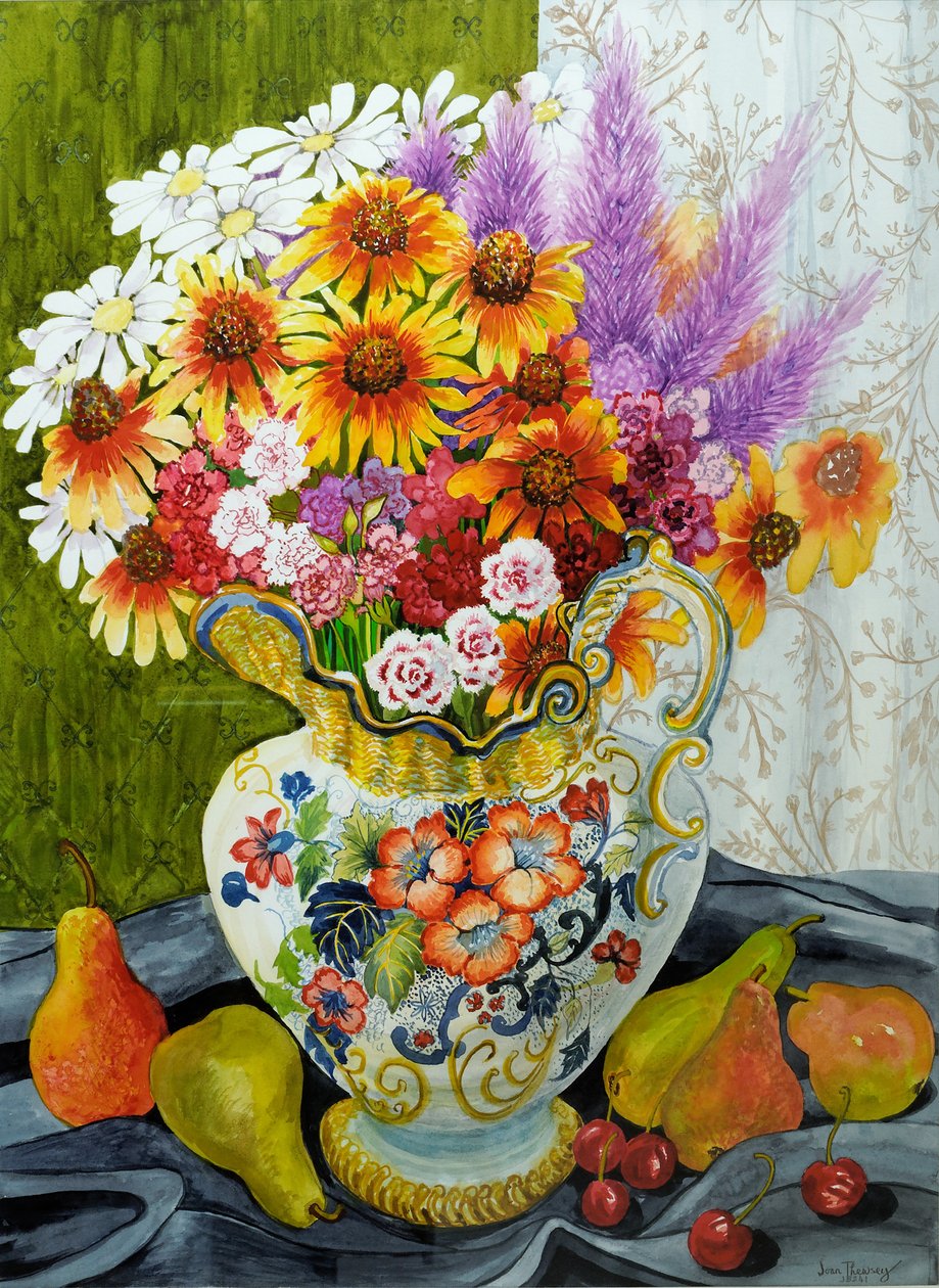 Karışık Çiçekler, Armut ve Kiraz ile Victoria Sürahi,2010,guaj by Joan Thewsey