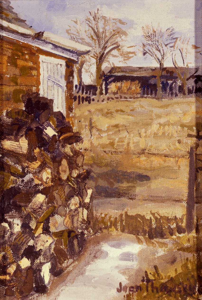 Kulübe Penceresinden Görünüm,Kış için depolanan günlükler, 1987, tuval üzerine yağlı boya by Joan Thewsey