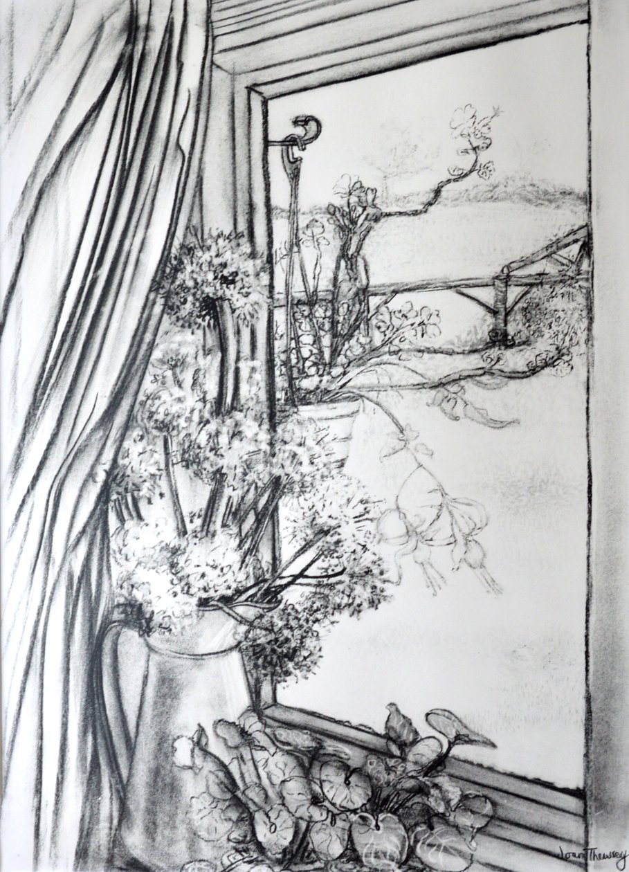 Kulübe Penceresinden Görüntüle, 1970 (kömür) by Joan Thewsey