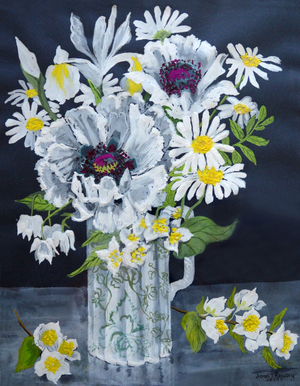 Beyaz Gelincikler, Marguerites ve Philadelphus, (guaj) by Joan Thewsey