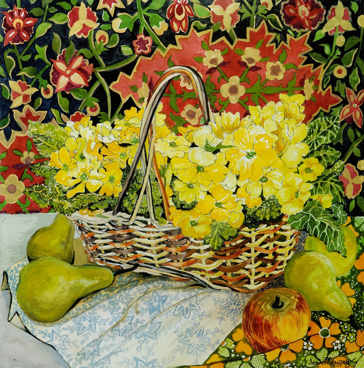 Sepette Sarı Primroses, Meyveli ve Tekstil, 2010.suluboya by Joan Thewsey