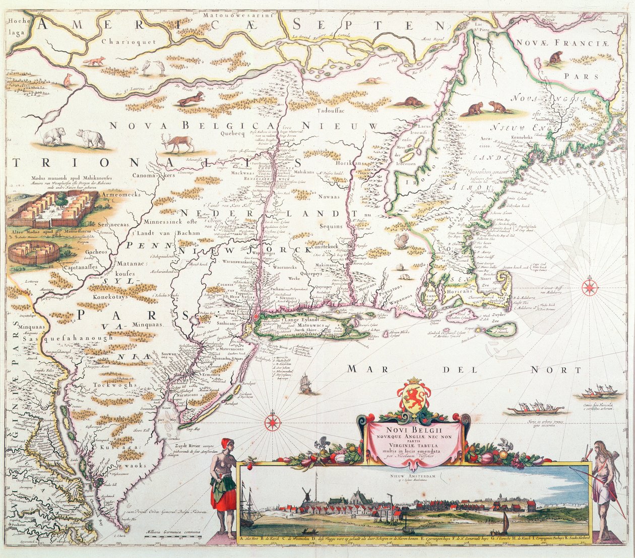 Map of New Belgium with a View of New Amsterdam, compiled by Nicolaes Visscher (1618-1709) c.1651-55 (hand coloured engraving) by Joannes Jansson