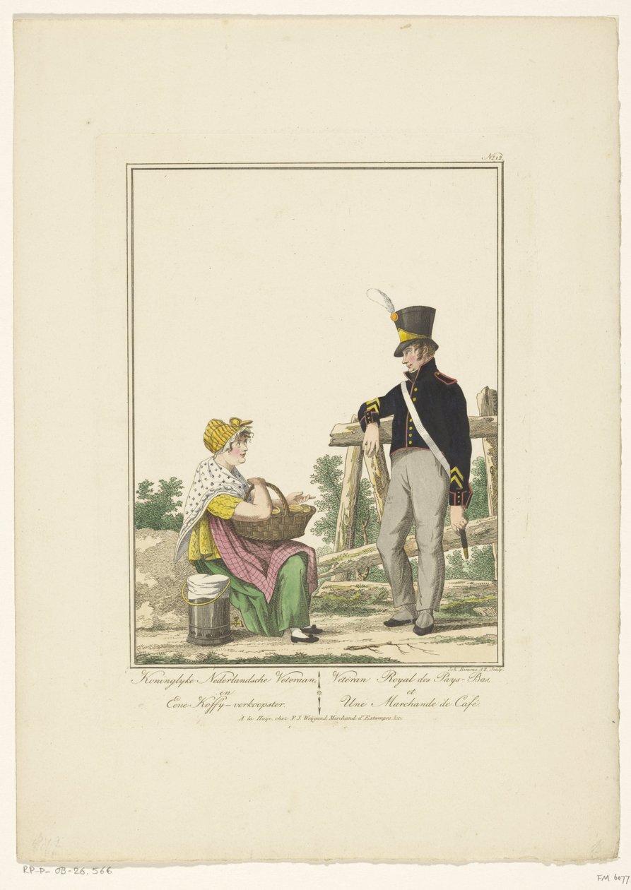 Oturmuş kahve satıcısı ile ayakta asker Koninglyke Hollandalı gazisi ve bir kahve satıcısı (nesne üzerinde başlık) Üniformalar ve kostümler (dizi adı) by Joannes Bemme