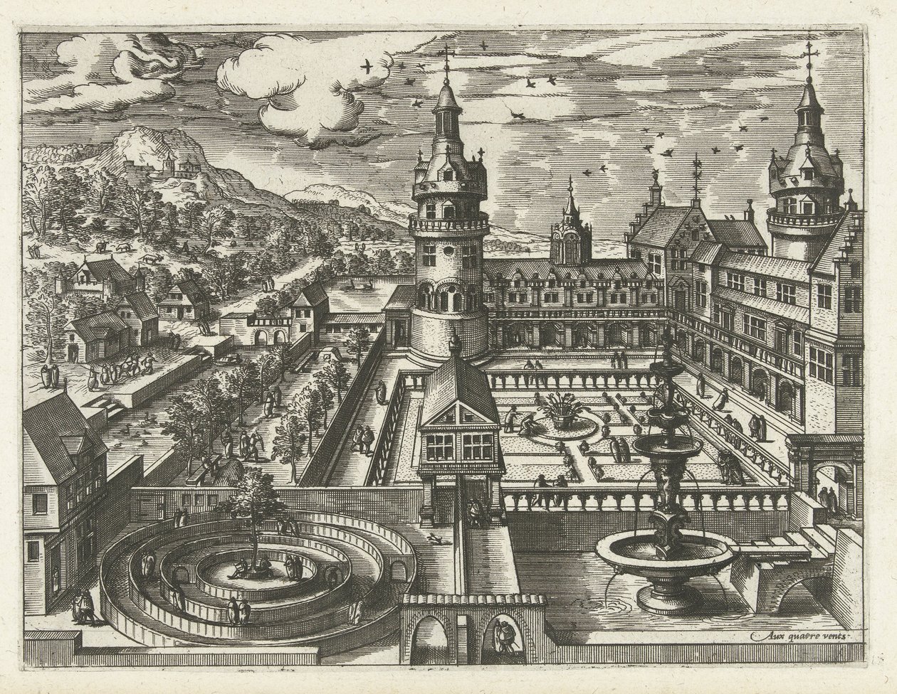 Labirent ve çeşme ile kale Manzaralar, deniz manzaraları ve yaratıcı şehir manzaraları (dizi adı) by Joannes van Doetechum (I) (attributed to)