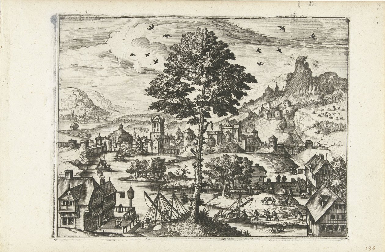 Bir nehir üzerinde bir kasaba ile manzara Manzaralar, deniz manzaraları ve yaratıcı şehir manzaraları (dizi adı) by Joannes van Doetechum (I) (attributed to)