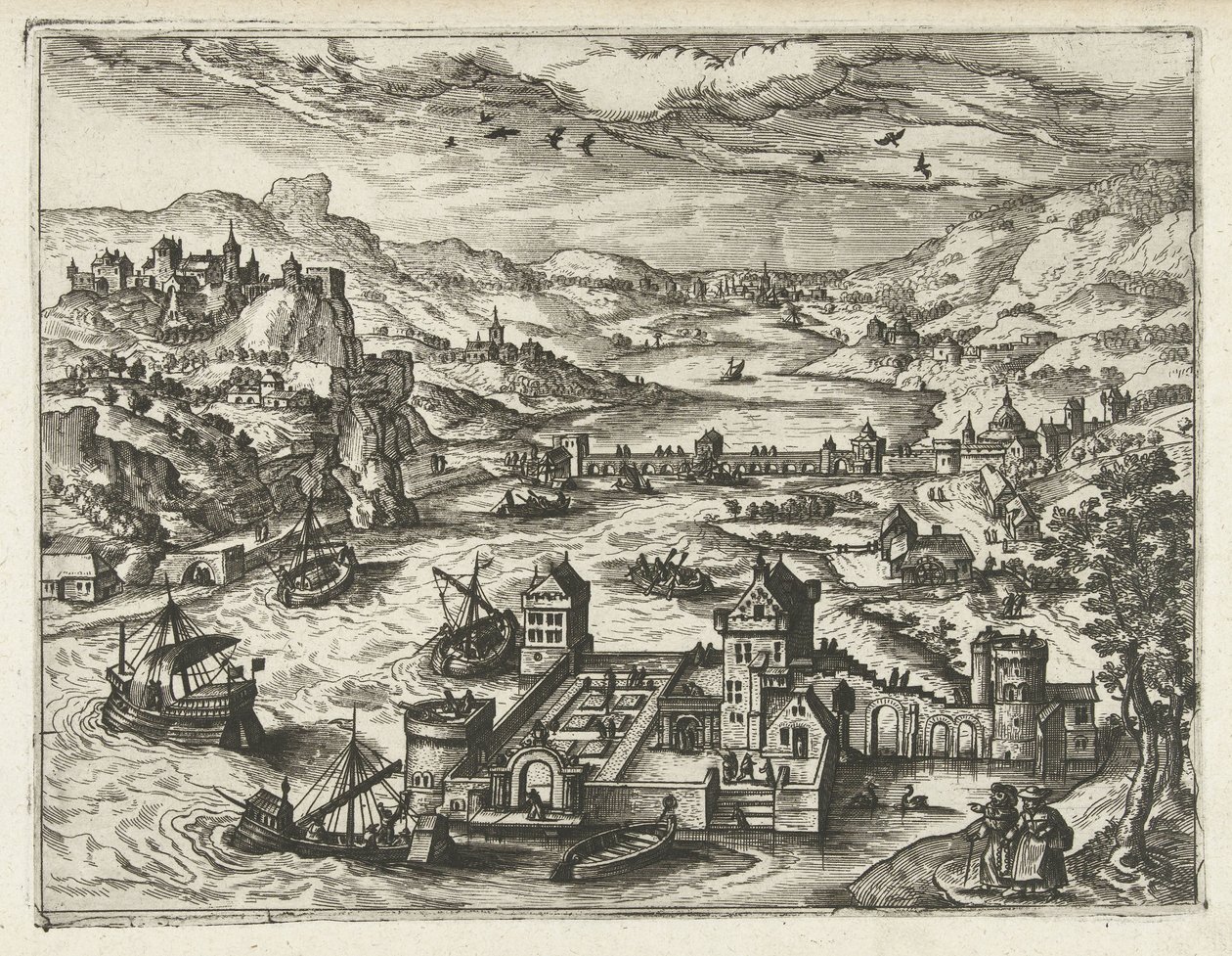 Moated Castle Manzaraları, Deniz Manzaraları ve Yaratıcı Şehir Manzaraları ile Nehir Manzarası (dizi başlığı) by Joannes van Doetechum (I) (attributed to)