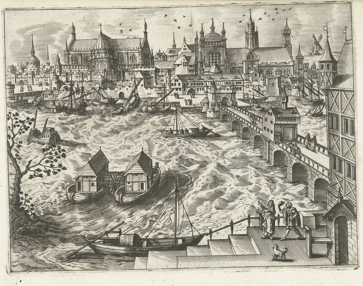 Köprü ve liman ile şehir manzarası Manzaralar, deniz manzaraları ve yaratıcı şehir manzaraları (dizi adı) by Joannes van Doetechum (I) (attributed to)