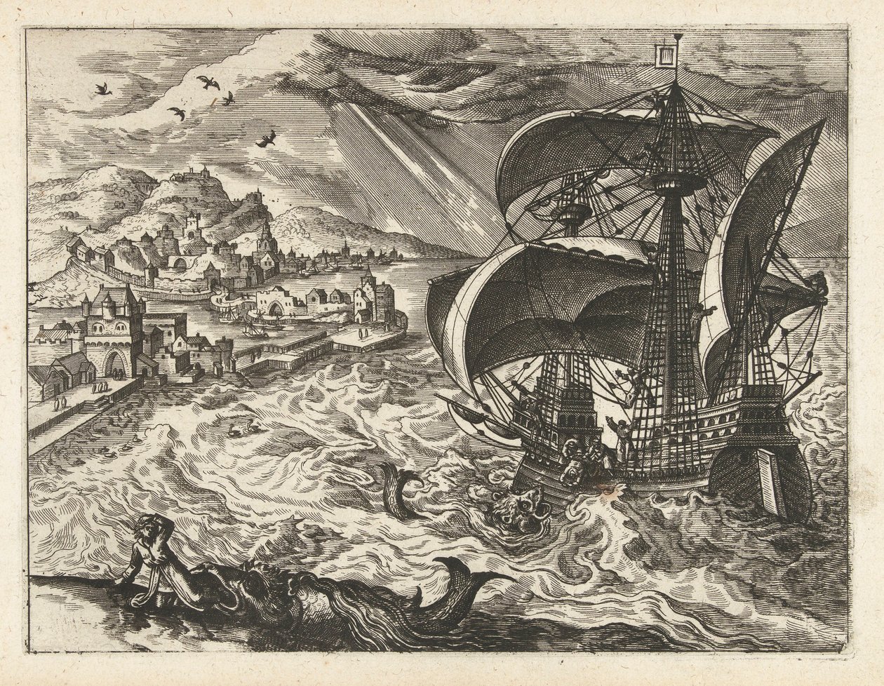 Jonah ve Balina ile deniz manzarası Manzaralar, deniz manzaraları ve yaratıcı şehir manzaraları (dizi adı) by Joannes van Doetechum (I) (attributed to)