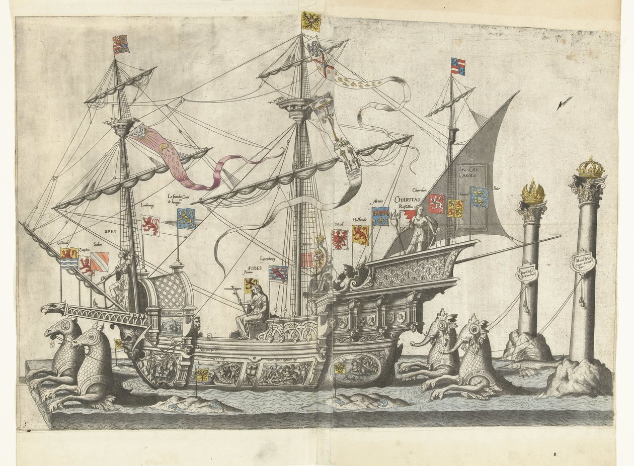 Het schip Victoria, nr. 5 Begrafenisoptocht van keizer Karel V, 1558 (seri başlığı) Brüksel Şehrinde Kutlanan, çok büyük ve çok muzaffer İmparator Charles Beşinci
