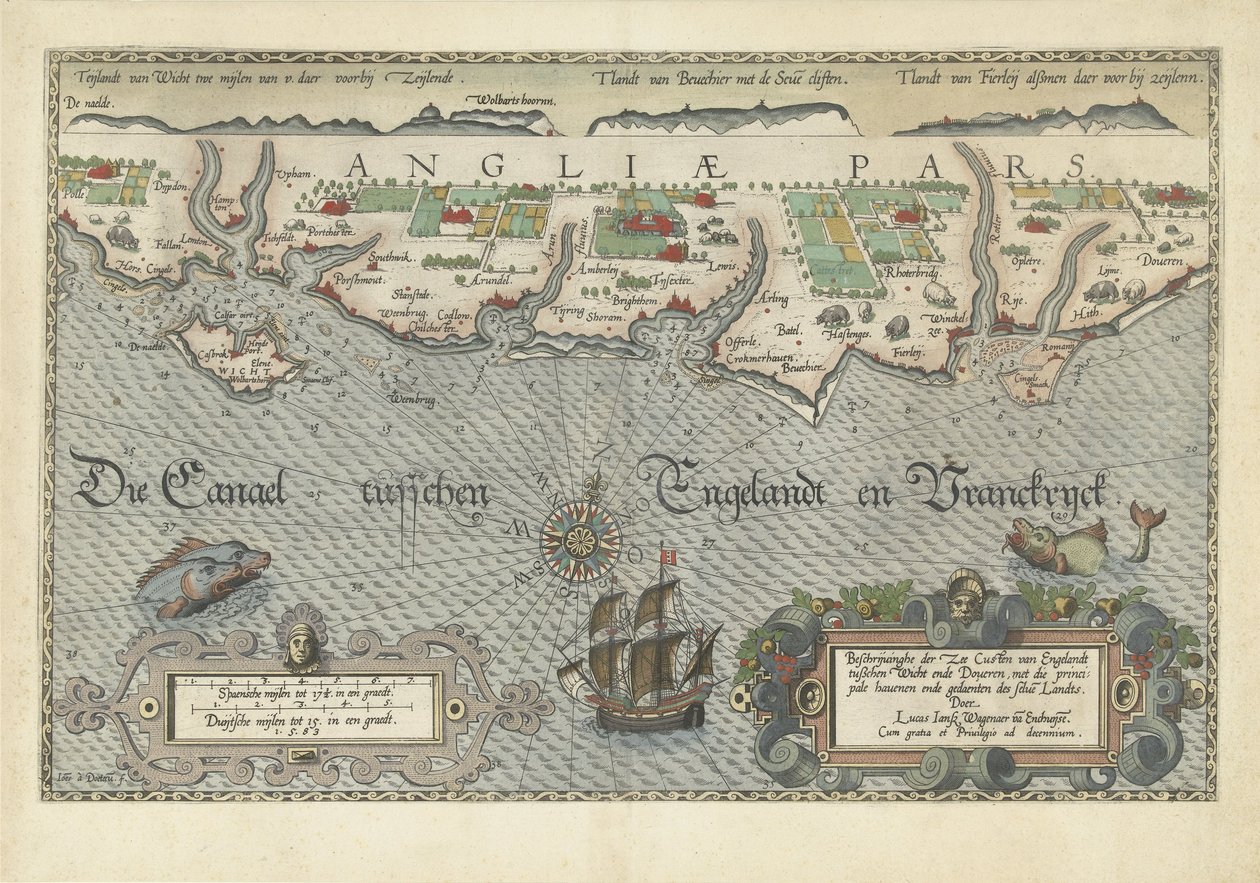 Wight Adası ve Dover arasındaki Güney İngiliz sahilinin haritası Descriptionhe der Zee Custen van Englandt, Wicht ende Doueren arasında (nesne üzerindeki başlık) by Joannes van Doetechum (I)