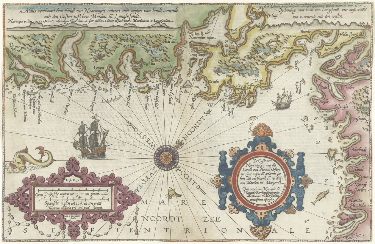 Merdøy ve Uddevalla arasındaki Norveç ve İsveç kıyılarının haritası Custe van Noorweghen, batıda kuzeyden doğuya inen ve şekli (...) (nesnenin başlığı) by Joannes van Doetechum (I)