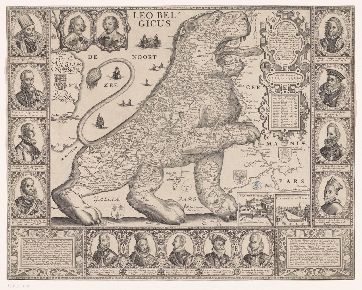 Hollanda aslanı şeklindeki Onyedi İl Haritası Leo Belgicus (nesne üzerindeki başlık) by Joannes van Doetechum (II)