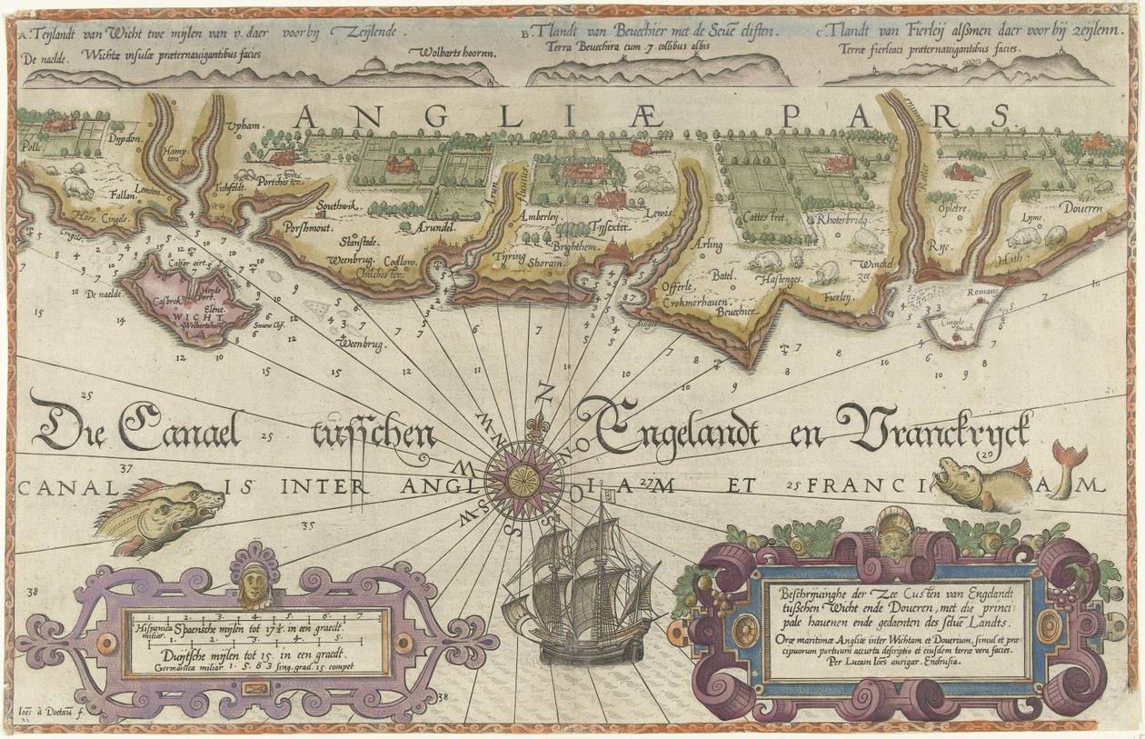 Wight Adası ile Dover arasındaki İngiliz kıyılarının haritası by Joannes van Doetecum