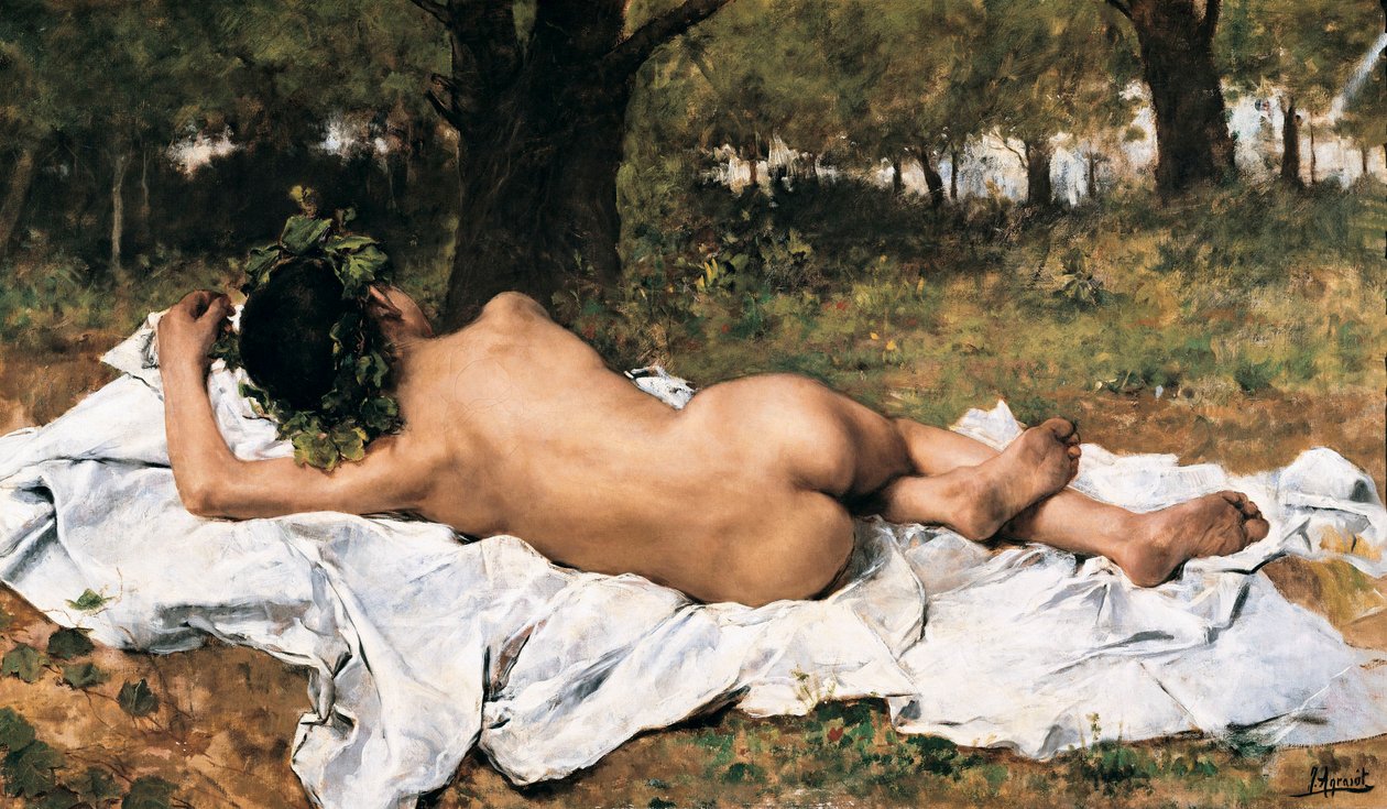 “" Genç Bacchus "” Bacchus arkadan çimenlerde bir kağıda uzar. Joaquin Agrasot y Juan (1836-1919) tarafından 1872 civarında Valensiya. Bellas Artes San Pio V Müzesi by Joaquin Agrasot y Juan