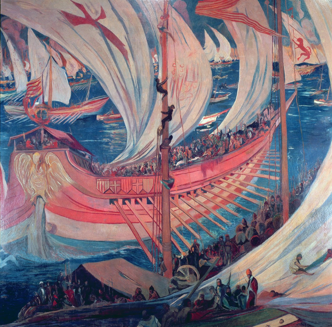 'Nau' Gemisi, 13. yüzyılda Akdeniz'deki Katalan genişlemesini temsil eden bir resmin detayı (fresk resmi) by Joaquin Mir Trinxet
