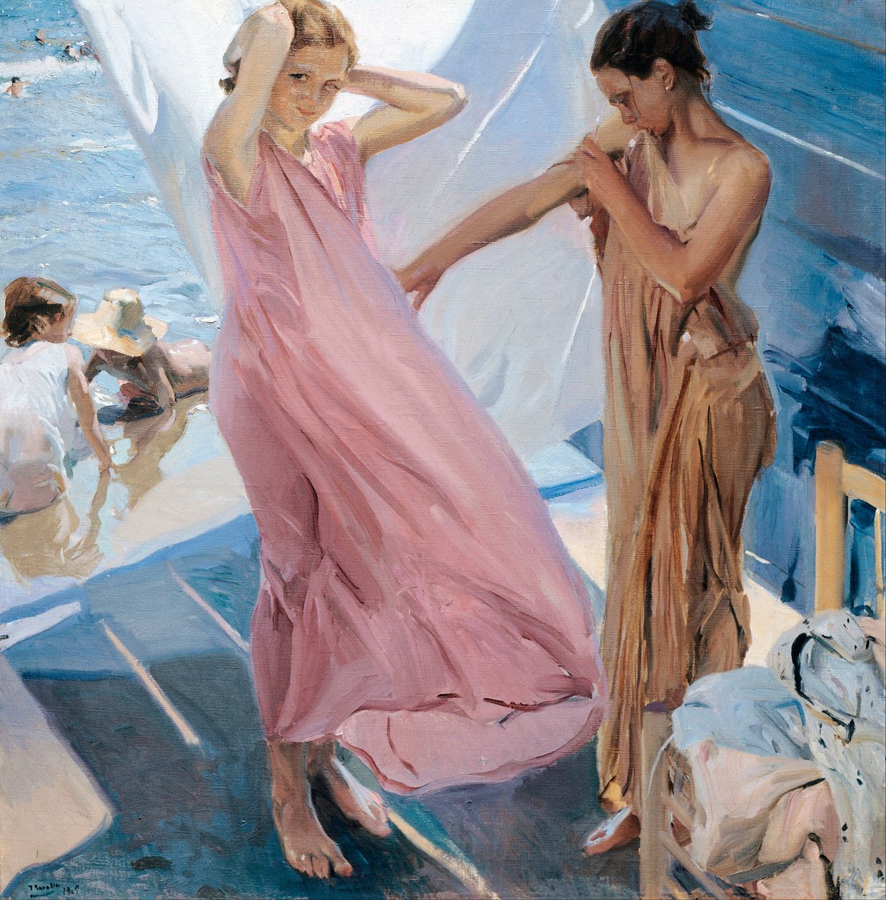 ""Apres le bain" (Banyodan Sonra) iki genç kız denizde yıkandıktan sonra üstlerini değiştiriyor Resim Joaquin Sorolla y Bastida (1863-1923) - 1909 - Tuval üzerine yağlı boya - Museo Sorolla Madrid by Joaquin Sorolla y Bastida
