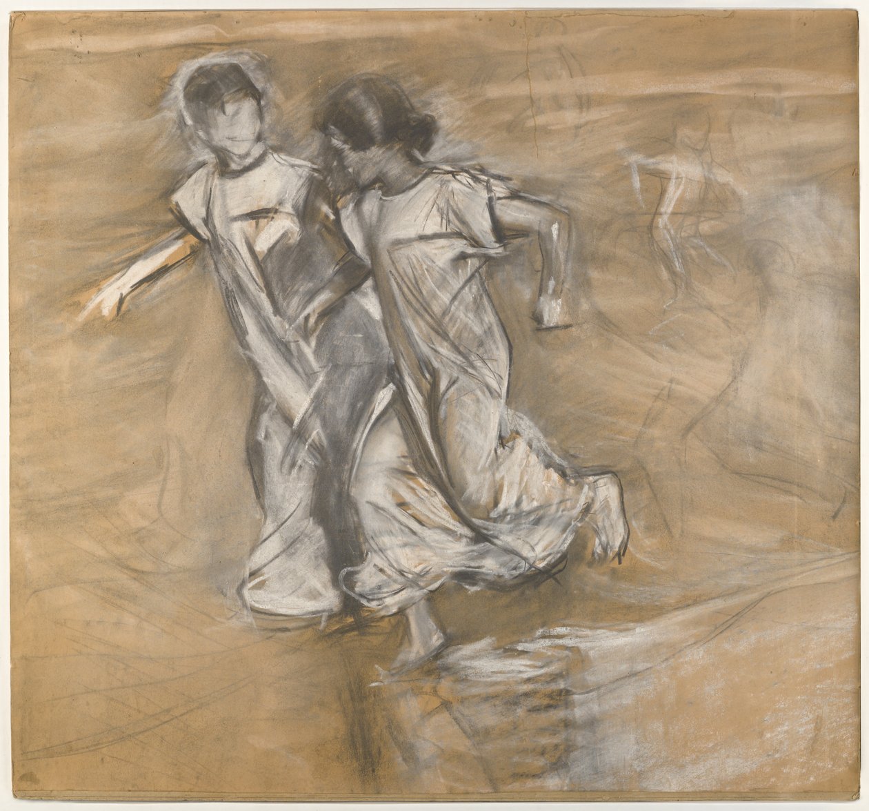 İsimsiz (Beyaz Koşan İki Kız Kol Kola) (kömür, grafit ve beyaz pastel) by Joaquín Sorolla