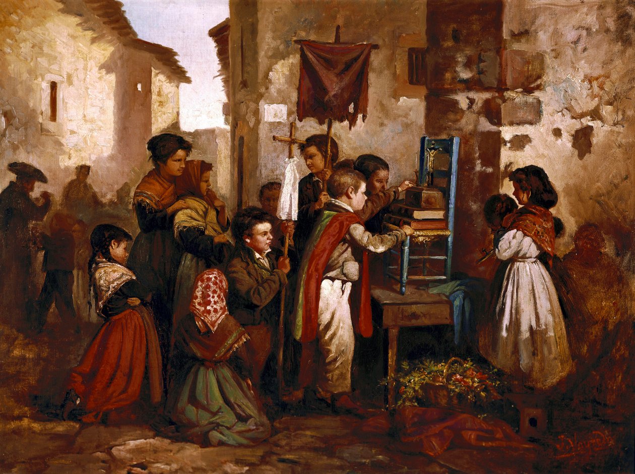 Dini törende oynayan çocuklar, Joaquim Vayreda y Vila tarafından resim by Joaquin Vayreda