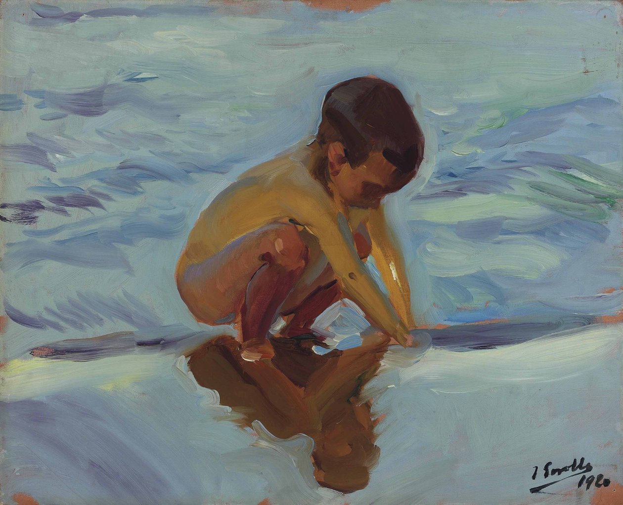Sahilde arka ışık, çocuk çömeldi by Joaquín Sorolla