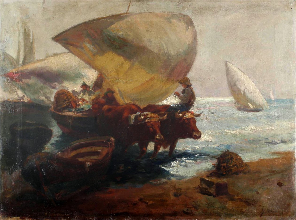 Figürler ve boğalar ile plaj sahnesi by Joaquín Sorolla