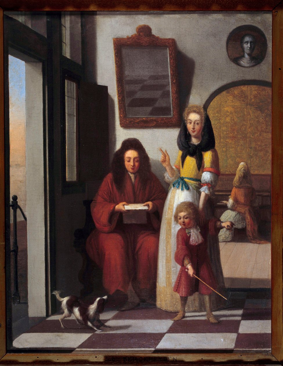 Tür sahnesi İç mekanda bir aile. Anne oğlunu köpekle oynamaya devam ediyor. Job Berckheyde (1630-1696) tarafından yapılan boyama 17. yüzyıl Avignon, Calvet Müzesi by Job Berckheyde