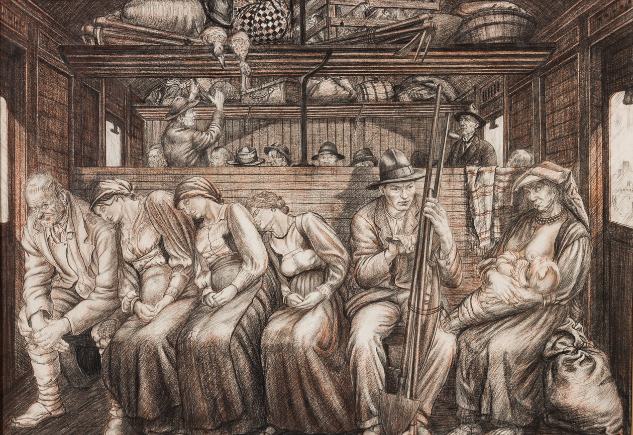 İtalyan Biçerdöverler Seyahat, c.1924 (kağıt üzerine kalem ve tebeşir) by Job Nixon