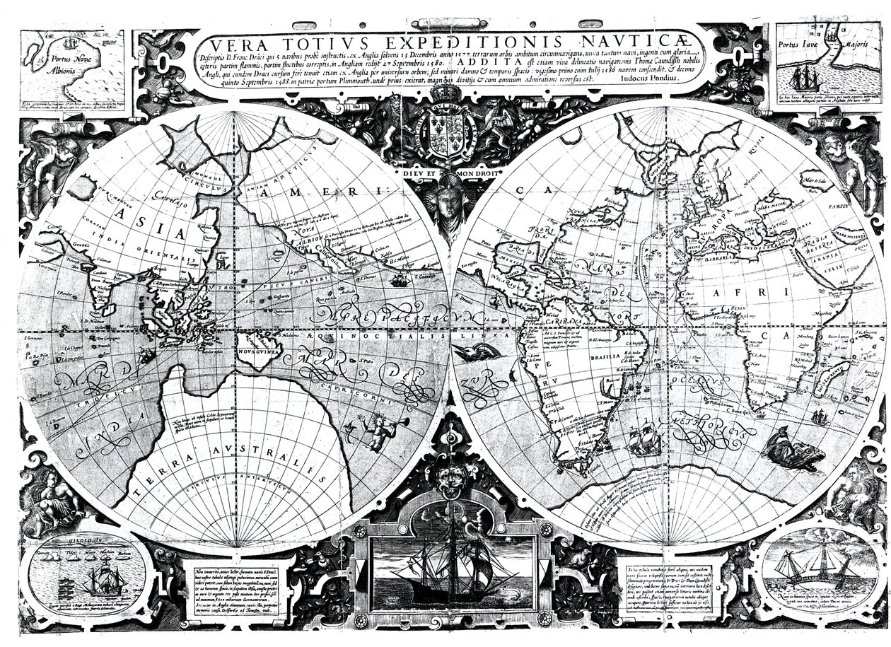 Dünya haritası; Vera Totius Expeditionis Nauticae, (solda) Sir Francis Drake (1540-96) ve (sağda) Thomas Cavendish (1560-92) c.1595 tarafından dünyanın çevresini dolaşan harita by Jodocus Hondius