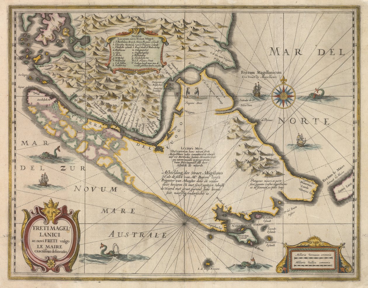 Macellan Boğazı ve yaygın olarak Le Maire olarak bilinen yeni Boğazların en kesin tanımı, c.1630 by Jodocus Hondius