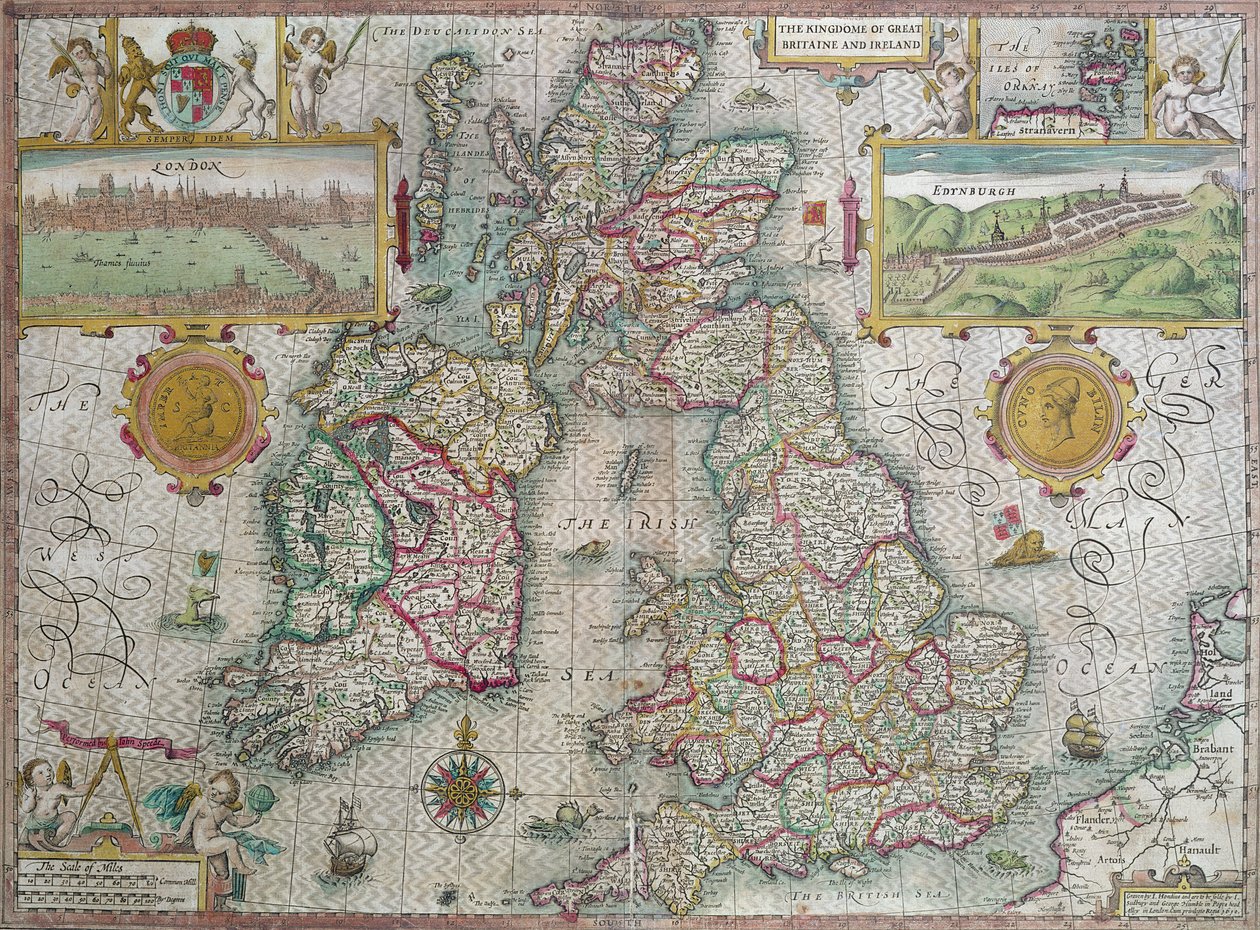 Büyük Britanya ve İrlanda Krallığı Haritası, 1610 (el renkli gravür) by Jodocus Hondius