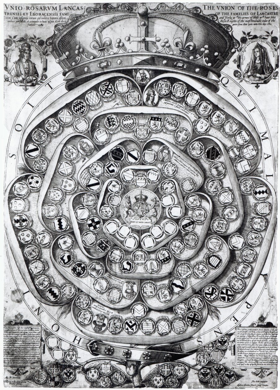 Lancaster ve York Ailelerinin Gülleri Birliği, 1589 (plaka gravürü) by Jodocus Hondius